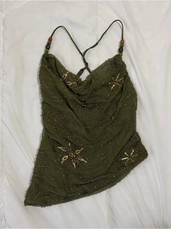 Mesh Cowl Neck Floral Beading Sequin Cami Top - Picture 5 of 8